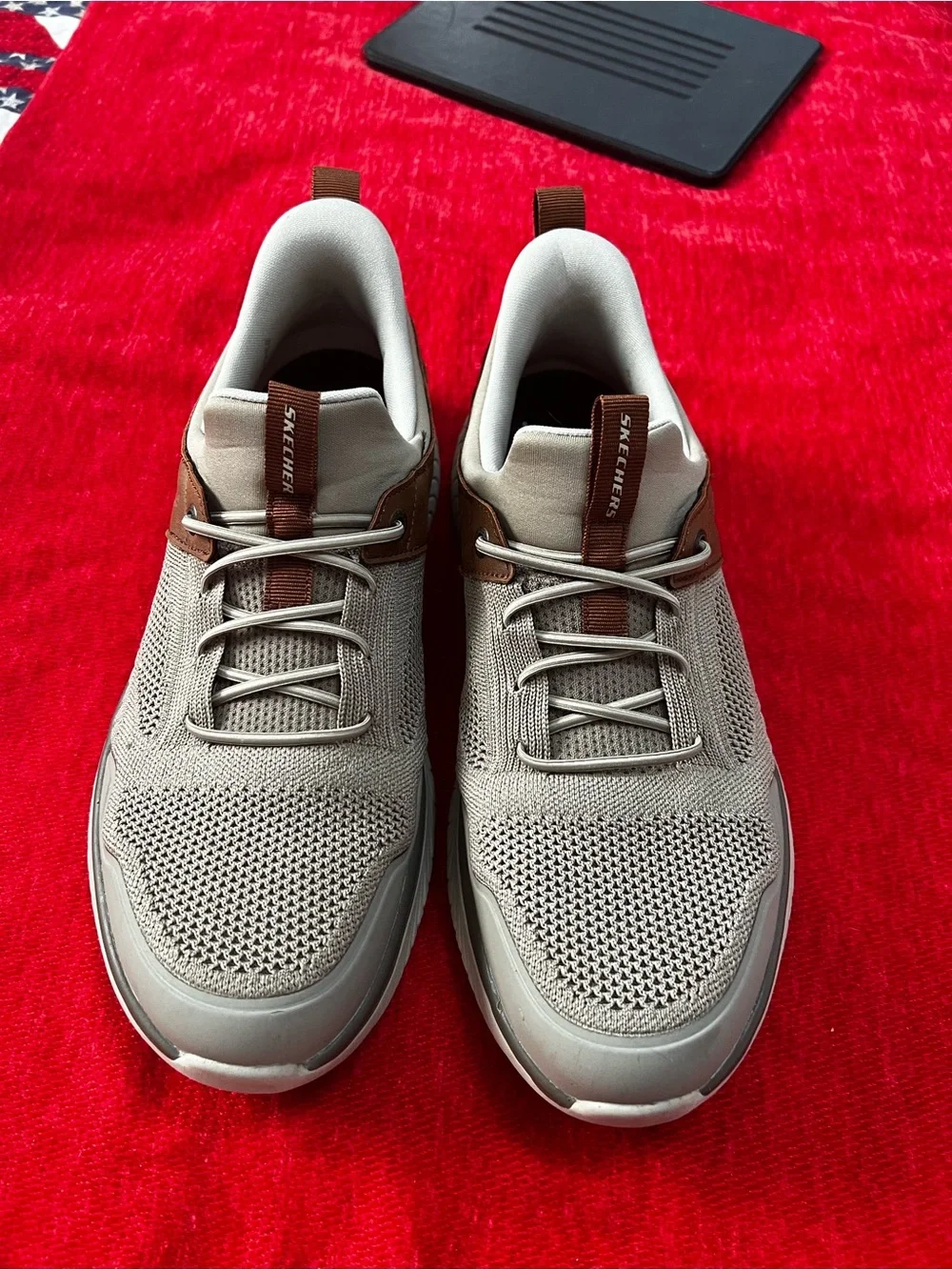 Skechers Men’s Beige Knit Slip-On Sneakers with Brown Accents